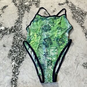 Vintage 90s Tan‎ Solar Swimsuit Womens Sz 7/8 Lightweight Green Pattern Germany